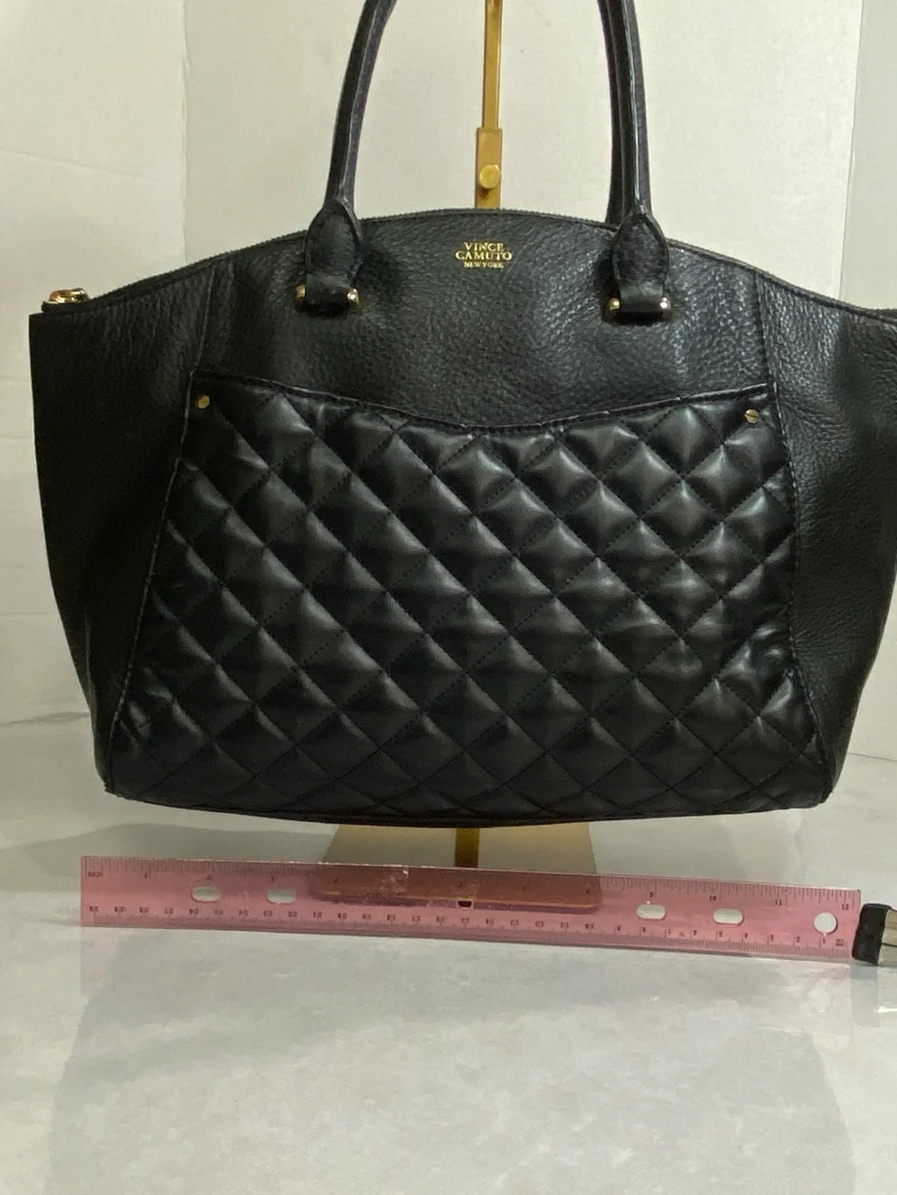 Vince Camuto Quilted Pebbled Leather Tote Black Gold Zip Shopper